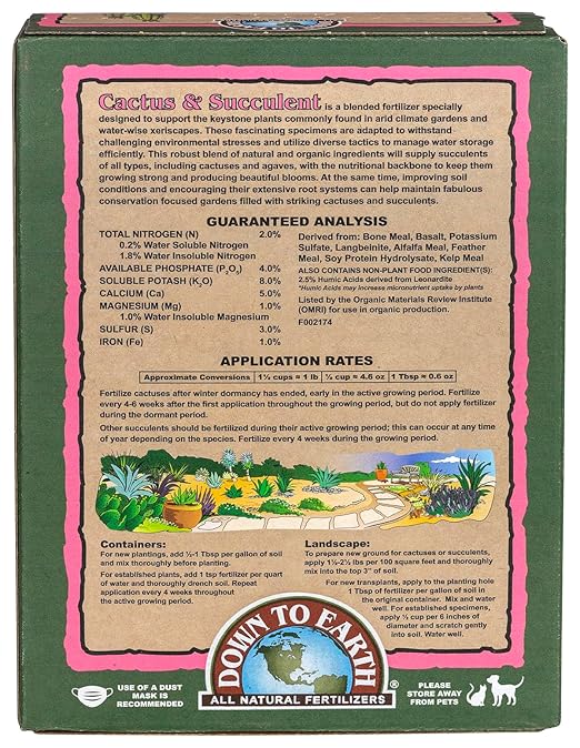 Down To Earth All Natural Fertilizers Organic Cactus & Succulent Mix - Plant Food for Cactuses, Agaves, Aloes, Jades, and Yuccas 2-4-8, 5 lb