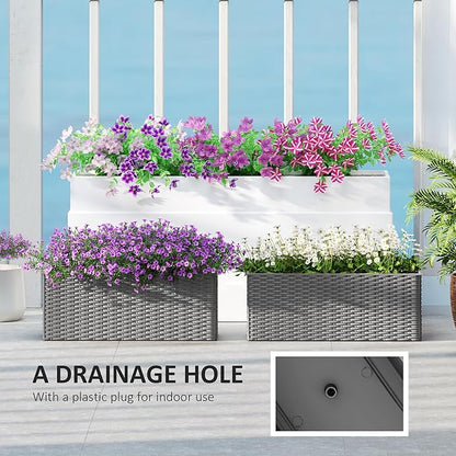 Outsunny Railing Planter Box (2 Pack, 20 Inch), Hanging Flower Pots with Hooks, Drainage Holes for Fence, Balcony, Garden, Patio, Rattan Look, Gray