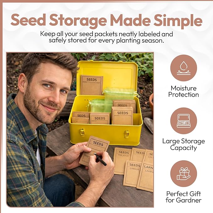 Seed Storage Organizer –Waterproof Metal Seed Box with Storage Bags, Dividers, 4 Compartments with Lid and Safety Locks, Portable Side Handles, Perfect for Garden Seeds, Labels & Tools – Yellow