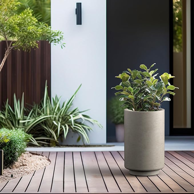 Kante 20.1 Inch Tall Concrete Planter, Round Pedestal Design Garden Pot for Indoor Outdoor Plants, Modern Garden Pot with Drainage Hole, Weathered Concrete Finish with Painted Interior