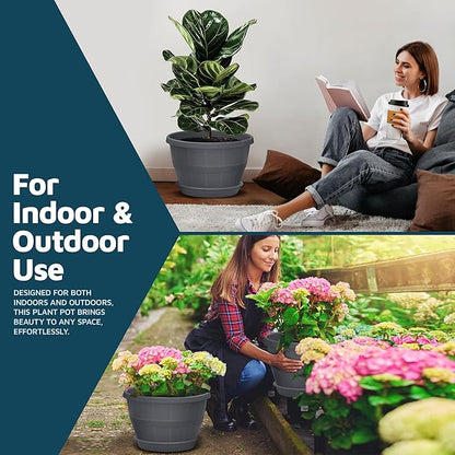 10-Inch Whiskey Barrel Planters Outdoor Pack of 5 - Durable Plastic Plant Pots for Indoor & Outdoor Use with Drainage & Saucer, Lightweight Rustic Barrel Planters for Flowers, Herbs & Small Plants