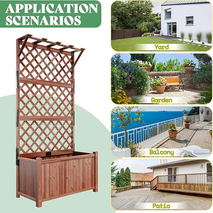 AMERLIFE 2 Pack Raised Garden Bed with Trellis for Vegetables, Climbing Plants, Durable Natural Wood Planter Box with Drainage Holes, Privacy Planter for Outdoor Yard & Patio, Easy Assembly