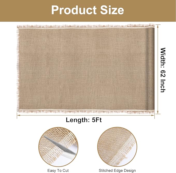 Natural Burlap Fabric, 62 Inch X 5 FT, NO-FRAY Burlap Roll-Long Fabric with Finished Edges- Suitable for DIY, Weddings, Tree Wraps for Winter, Table Runners, Placemat, Crafts, and Animal Bites
