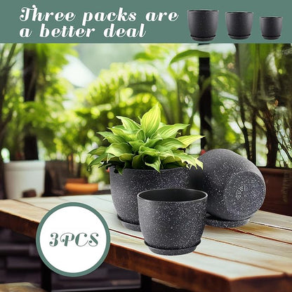 10/9/8 inch Plant Pots, 3 Pack Plastic Flower Pots Modern Flower Pots with Drainage Holes and Trays are for Indoor and Outdoor Plants, Herbs and Flowers,Black Speckles