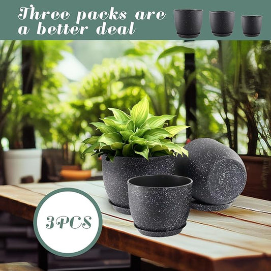 10/9/8 inch Plant Pots, 3 Pack Plastic Flower Pots Modern Flower Pots with Drainage Holes and Trays are for Indoor and Outdoor Plants, Herbs and Flowers,Black Speckles