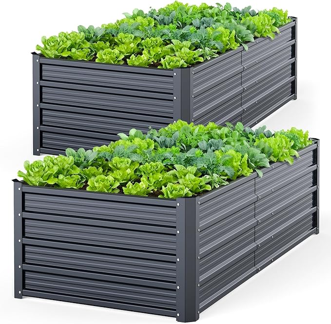 Ohuhu Metal Raised Garden Bed Outdoor, 6x3x1.5FT Reinforced Galvanized Rustproof Colored Steel Planter Boxes for Vegetables, Heavy Duty Raised Beds for Growing Flowers Herbs Succulents 2-Pack