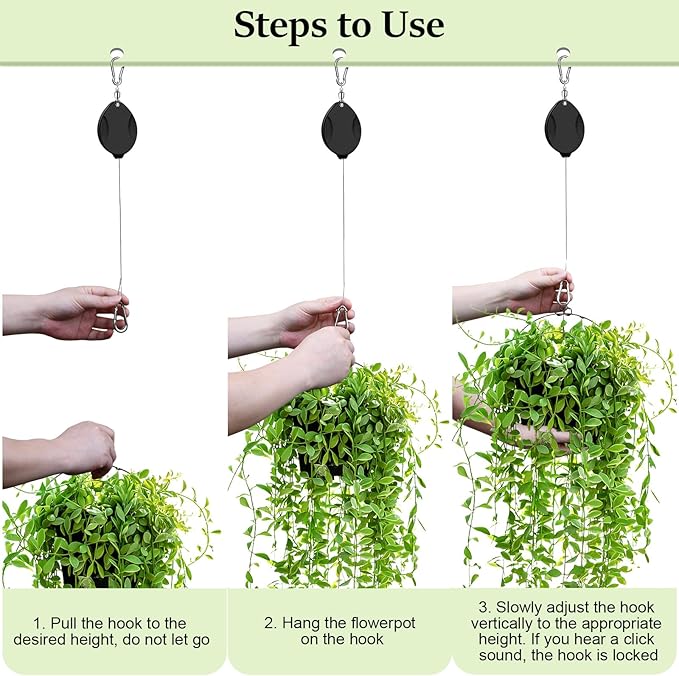2Pcs Upgraded Heavy Duty Retractable Plant Hanger,Plant Pulleys for Hanging Plants,Easy to Raise and Lower,Auto Lock,Adjustable Hook for Garden Baskets Pots,Birds Feeder and Wind Chime,Black