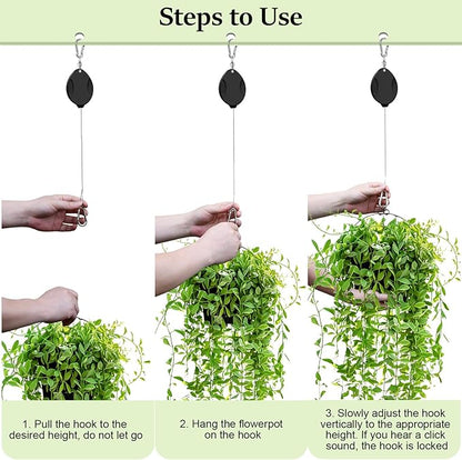 3 Pcs Upgraded Heavy Duty Retractable Plant Hanger,Plant Pulleys for Hanging Plants,Easy to Raise and Lower,Auto Lock,Adjustable Hook for Garden Baskets Pots,Birds Feeder and Grow Lights,Black