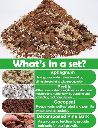 TOYPOPOR Orchid Potting Mix for Repotting with Moss Pine Bark Mulch Perlite Stone and Coco Peat Natural Ingredients, Orchid Bark Potting Mix Orchid Repotting Kit Drainage Indoor Potting Medium 1qt