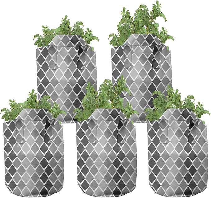 Ambesonne Grey and White Grow Bags 5-Pack, Geometric Ombre, Heavyduty Fabric Pots with Handles for Plants, Grey Charcoal