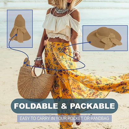 Women's Wide Brim UPF 50+ Straw Sun Hat with Bow - Foldable Packable Summer Beach Hat with Chin Strap