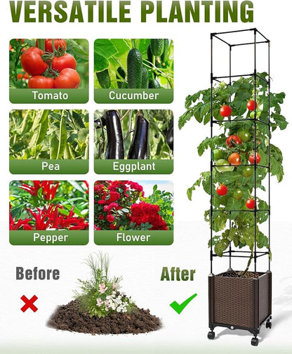 Jayhalo 71inch Planter Boxes Outdoor, 3-in-1 Planter Box with Trellis with Wheels for Growing Vegetables, 6 Layer Tomato Cage with Tomato Planters, Self Watering for Indoor Outdoor Use