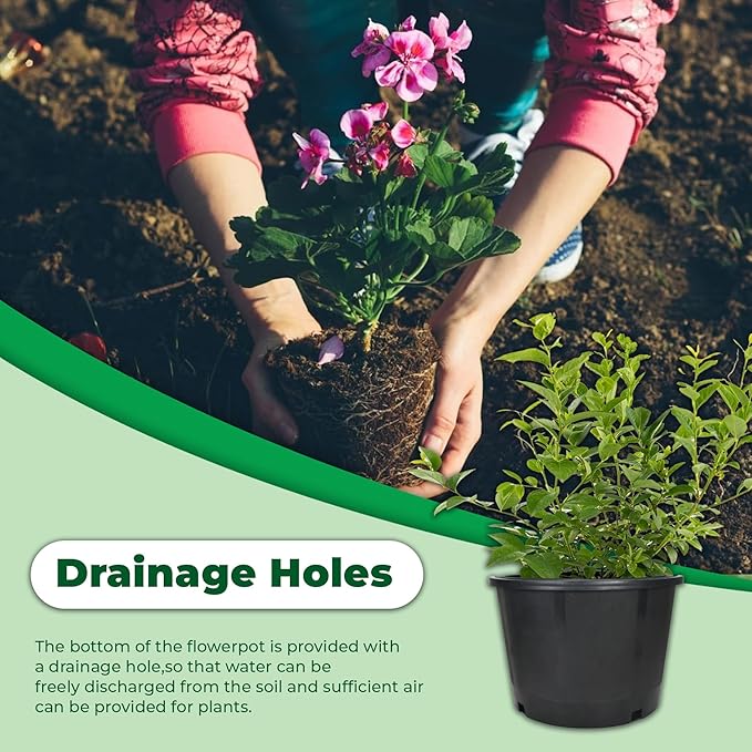 Plant Pots Flower Pot 10-Pack 5 Gallon Short Planter Nursery Pot Garden Seedling Planters Containers Plastic Injection Molded Pots with Drainage Holes for Outdoor Indoor Plants Vegetables, Black