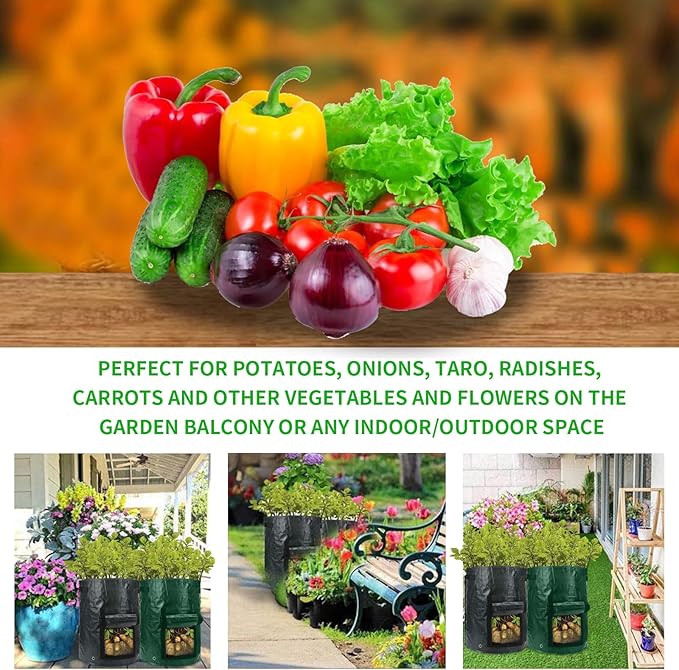 2Pack 10 Gallon Grow Bags with Window to Harvest - Potato Grow Bags with Flap and Handles - Thickened Fabric Pots - Large - Tomato Vegetables Grow Bags with Harvest Window