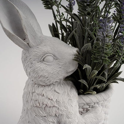 Elegant Resin Statue Flower Pot –Vintage White Swan Planter with Artificial Lavender Plant Indoor Outdoor Rustic Garden Decor – Cute Animal Figurine Gift (Rabbit)