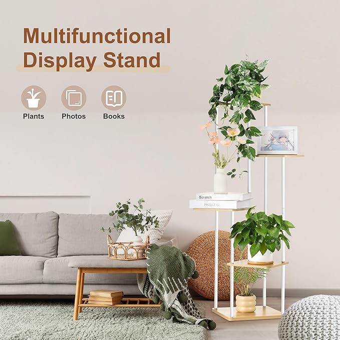 5 Tier Plant Stand Indoor Outdoor, Wood Metal Corner Shelf, Multiple Flower Pot Rack Holder Shelves, Planter Shelf Display Storage Organizer for Patio Living Room Balcony (White)