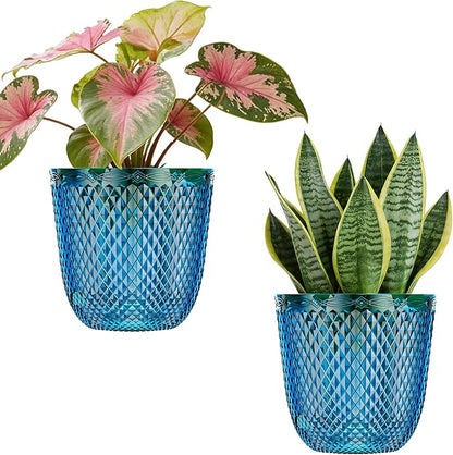 QCQHDU 2 Pack Self Watering Pots, 7.2 Inch Flower Pots with Drainage Holes and Water Filling Port, Garden Planter for Indoor Outdoor Plants (Klein Blue)