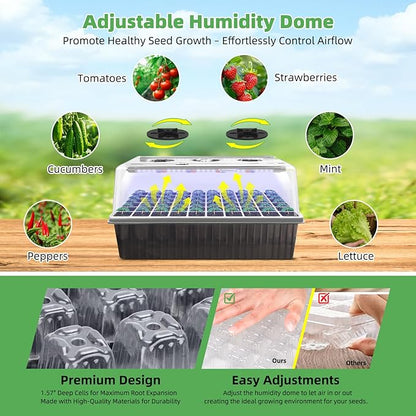 Seed Starter Tray with Grow Light, 2 Pack 120 Cells Seedling Tray Kit with 3-in-1 Soil Moisture Meter, Indoor Seedling Starter Tray for Plant Germination, Seeds Growing