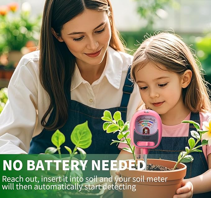 HSLGOVE 4-in-1 Soil Test Kit – Soil Moisture Meter, pH, Fertility & Sun-Light, No Battery Required, Large Dial Soil Tester for Indoor & Outdoor Gardening, Lawn, Farm –Rose Pink