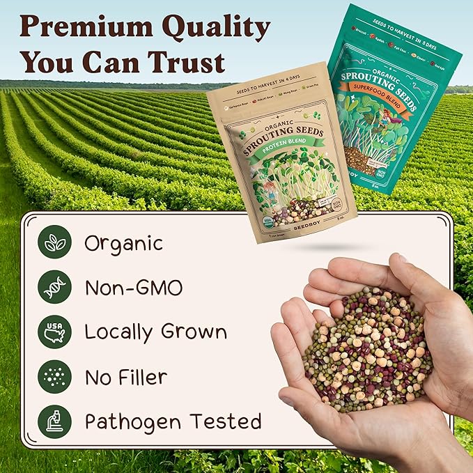 Seedboy Organic Non-GMO Sprouting Seeds, Superfood & Protein Blend - 2 Pack Bundle - USA Grown Sprouting & Microgreens Seeds - Two 8 oz Bags Makes 12 Quarts / 36 Servings (Superfood/Protein)