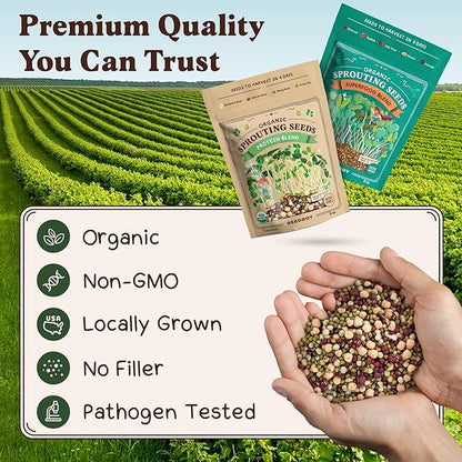 Seedboy Organic Non-GMO Sprouting Seeds, Superfood & Protein Blend - 2 Pack Bundle - USA Grown Sprouting & Microgreens Seeds - Two 8 oz Bags Makes 12 Quarts / 36 Servings (Superfood/Protein)