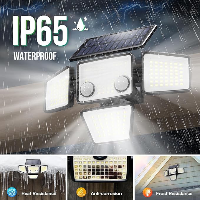 Solar Outdoor Lights - 3000LM 188 LED Motion Sensor Outdoor Lights, 4 Heads Security Light,IP65 Waterproof, Easy Install,270°Wide Angle Flood Wall Light with 3 Modes for Backyard Yard (2 Pack)