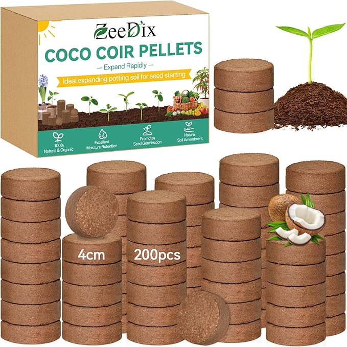 ZeeDix 200pcs(40mm) Coco Coir Pellets Potting Soil Indoor Plants, Compressed Coconut Coir Soil Pellets Seed Starting Pellets Soil Discs for Planting Flowers Bonsai Herbs Plants and Vegetables