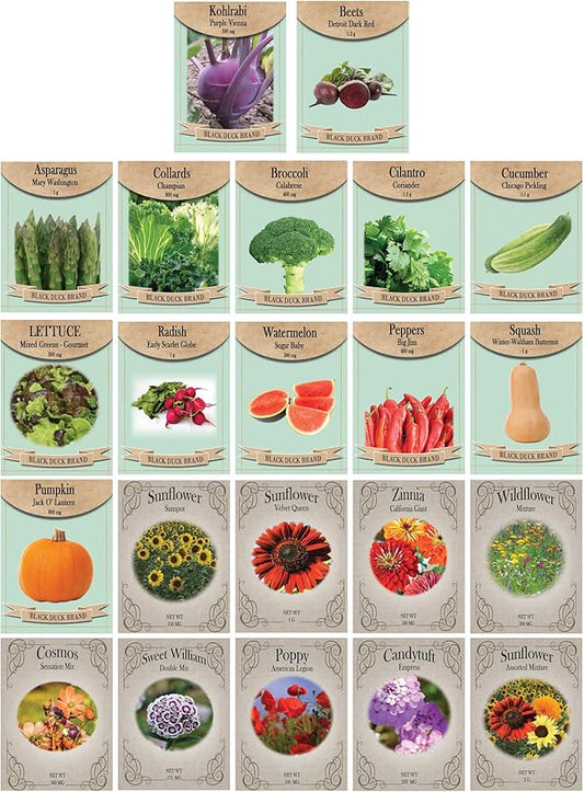 Flower & Vegetable Seed Set - 22 Varieties of Non-GMO Heirloom Premium Seeds for Planting - Asparagus, Beet, Broccoli, Wildflower, and More