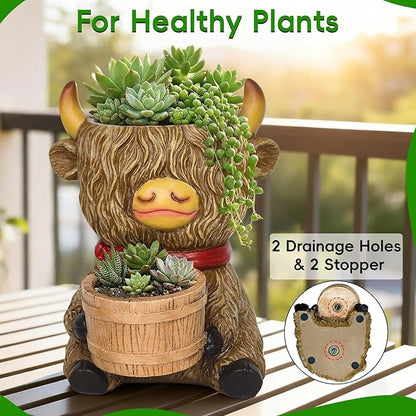 Highland Cow Succulent Planter Decor - Cute Resin Flower Pot for Indoor Plants(Drainage Hole and 2 Pots), Home Desk Decor, Best Gift for Plant Lovers, Garden Backyard Cow Stuff Statue, 6.5”H x 5.5”W