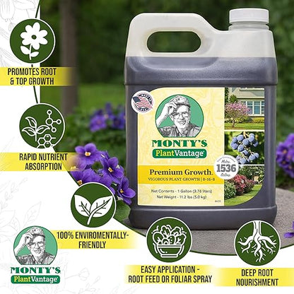 PlantVantage Premium Growth Liquid Plant Food - Liquid Fertilizer for Stronger Stems & Larger Leaves, NPK Fertilizer (8-16-8) with Zinc & Iron, Foliar Spray for Trees, Shrubs & Flower Boost, 1 Gallon
