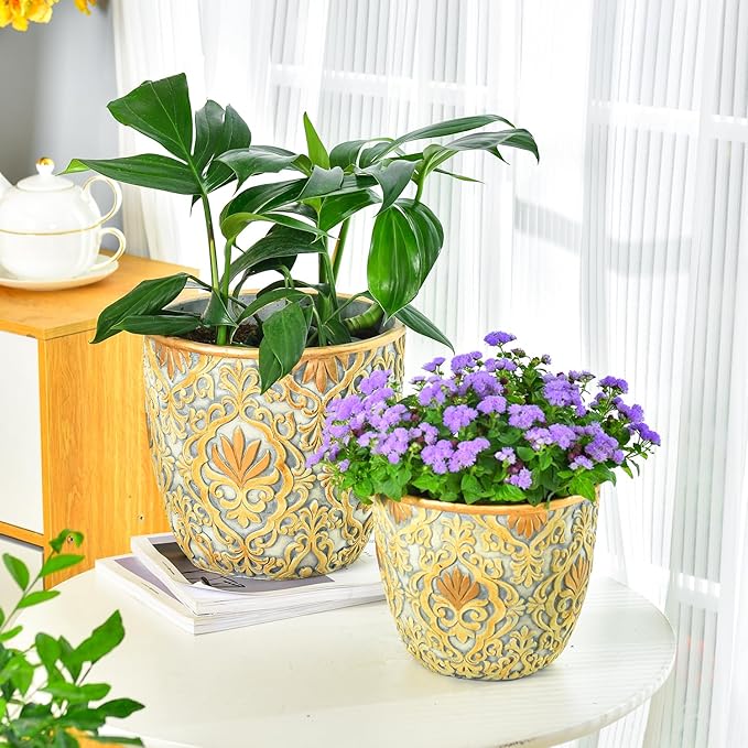 Sungmor Large Heavy Duty Cement Planters, Beautiful Embossed Concrete Garden Pots, 8" & 10" Set of 2 Plant Pots with Drainage Hole, Home Garden Decorative Flower Pots for Indoor Outdoor Plants Floral