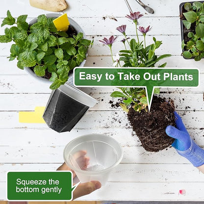 Clear Nursery Pots for Plants with Drainage Holes, 4/5/6/7 Inch Transparent Plastic Plant Pots, 8 Pack Reusable Garden Seed Starter Pots with Trays and 10 Plant Labels for Succulents, Herbs, Cactus