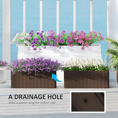 Outsunny Railing Planter Box (2 Pack, 20 Inch), Hanging Flower Pots with Hooks, Drainage Holes for Fence, Balcony, Garden, Patio, Rattan Look, Brown