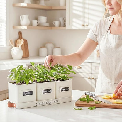 PERFNIQUE Indoor Herb Garden, Herb Planter Set with Tray, Farmhouse Indoor Plant Pots, Windowsill Herb Garden with Drainage(Planter only) for Indoor/Outdoor, Window Pots(White)