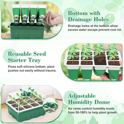 Reusable Silicone Seed Starter Tray, 96 Cells Seed Starter Kit with Humidity Adjustable Dome and Lid, 8 Packs Plant Germination Trays with Repotting Mat Germination Kit for Seeds Grow Starting