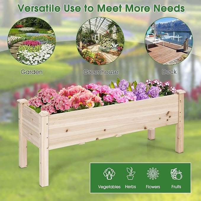 HAPPYGRILL Raised Garden Bed, Wood Planter Box with Legs, 5 Drainage Holes, Elevated Garden Bed for Vegetables Flowers, Outdoor Plant Container for Yard Garden