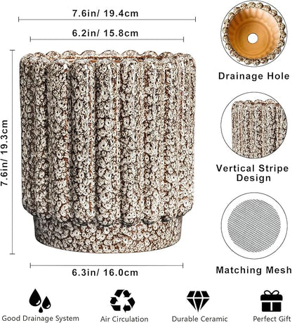 Ceramic Plant Pots - 7.6 Inch Ceramic Planters with Drainage Hole, Fluted Round Planter for Indoor Plants, Decorative Flower Pots Outdoor, Desk Decor, Garden Gifts, Leopard Print White