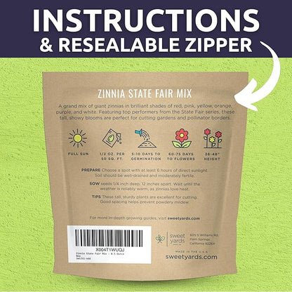 Zinnia State Fair Mix – Large 1/2 Ounce Seed Packet – 1,000 Flower Seeds for Planting