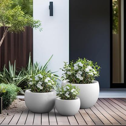 Kante 19.9",15.7",11.8" Dia Round Concrete Planter Set of 3, Outdoor/Indoor Large Bowl Plant Pots with Drainage Hole and Rubber Plug for Garden Patio Balcony Home, Pure White