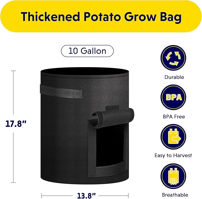 iPower Potato Grow Bags with Flap 10 Gallon 6 Pack, Garden Planting Pot with Durable Handle and Harvest Window, Thickened Nonwoven Fabric Container for Potato, Tomato, Carrot, Vegetable and Fruits