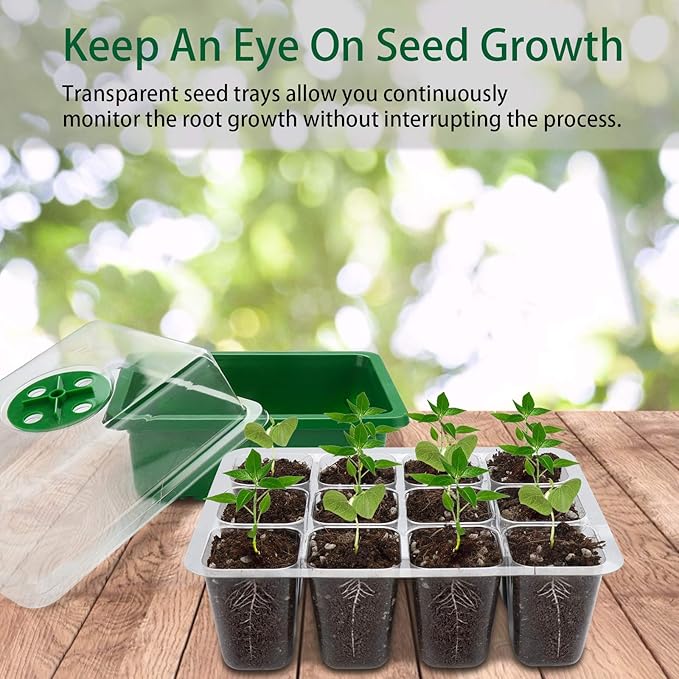 Seed Starter Tray, 12-Pack 144 Cells Seedling Starter Trays, Humidity Adjustable Seed Tray Kit with Dome and Base Greenhouse Grow Trays Mini Propagator for Seeds Growing Starting