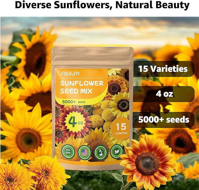 15+ Varieties 5000+ Sunflower Seeds for Planting, 4 Oz Heirloom Non-GMO Sunflower Mix Seeds to Plant (Giant Mammoth, Dwarf) Garden Variety Pack, High Germination, Attracts Pollinators