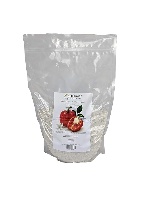 Greenway Biotech, Inc. Pepper & Herb Fertilizer 11-11-40 Powder - Water Soluble with Chelated Micronutrients for Hot & Bell Peppers Basil - Hotter Peppers Aromatic Herbs - Hydroponics & Soil - 10 LB