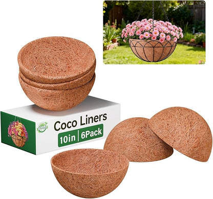 Halatool 6 Pack 10 Inch Coconut Liners for Planters Round Coco Coir Hanging Basket Liner for Flowers Vegetables Balcony Garden Patio Porch Home Decor