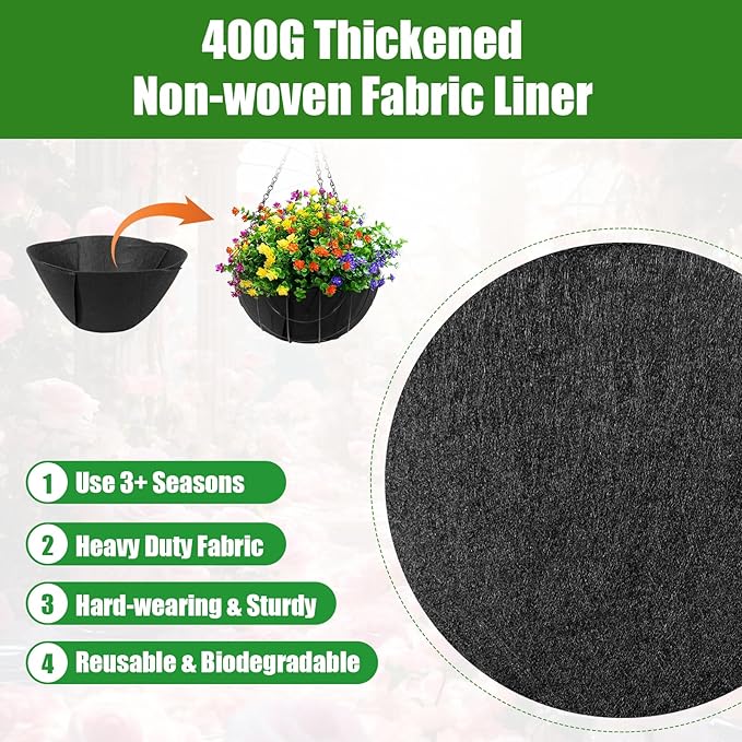 3 Pack 14 Inch Fabric Planter Basket Liners - Round Hanging Basket Liners Replacement Coco Liner,Durable Non-Woven Liners for Hanging Baskets Planters Flowers, Plants (Black)