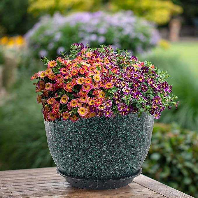 12/10/9 inch Plant Pots, 3 Pack Flower Pots for Outdoor Indoor Garden Plants, Large Planters with Multi Mesh Drainage Holes and Saucer (Black with Green Speckles, 12"+10"+9")