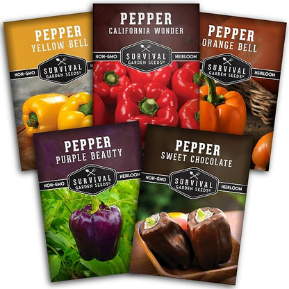 Bell Peppers Seed Collection – 5-Pack | Yellow, Orange, California Wonder, Purple Beauty & Sweet Chocolate Pepper Seed for Planting – Heirloom, Non‑GMO | Survival Garden Seeds
