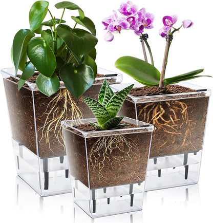 Self Watering Pots Set, 3 Pack 5/4.1/2.7 Inch Self Watering Pot for Indoor Plants, Clear Flowers Pot Planter with Deep Reservoir for Spider Plant, Orchid, African Violet