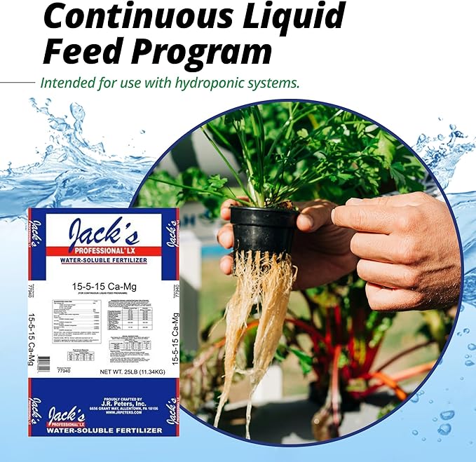 Jack's Professional 15-5-15 CA-MG LX Comprehensive Water-Soluble Fertilizer for Growth in Short, Stocky Plants Grown in Continuous Liquid Feed Programs, 25lbs