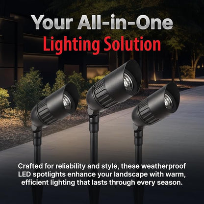 6-Pack Outdoor Low Voltage Landscape Spotlights, 6×3W 200LM, 3000K Warm White, Dusk to Dawn, IP65 Waterproof Path Lights with Transformer, 60FT Cable & Ground Stakes